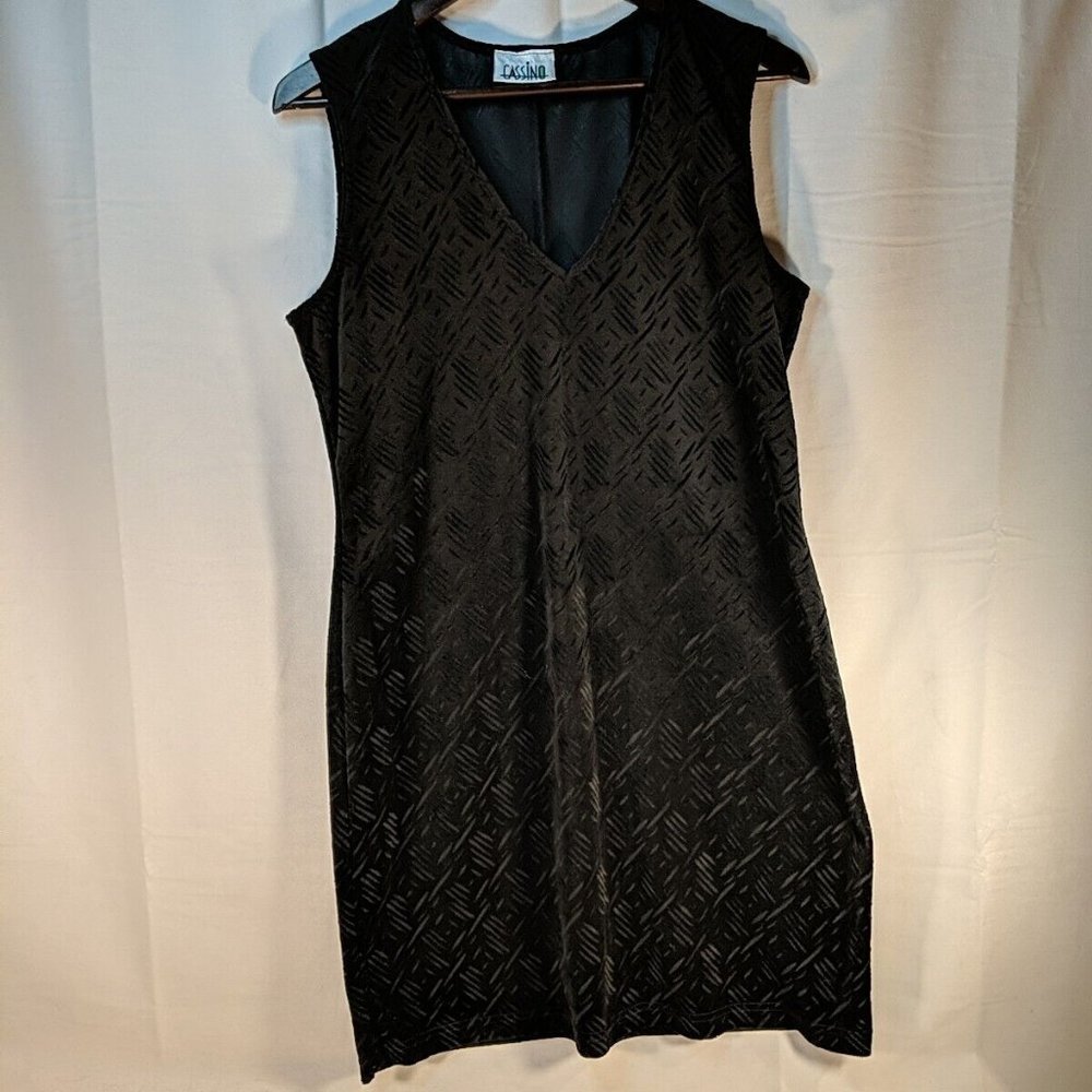 Vintage Cassino Black Textured Velour Dress Sleeveless V-Neck Women L Large